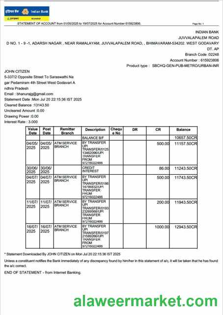 Indian Bank Allahabad statement of account Word and PDF template, version 2